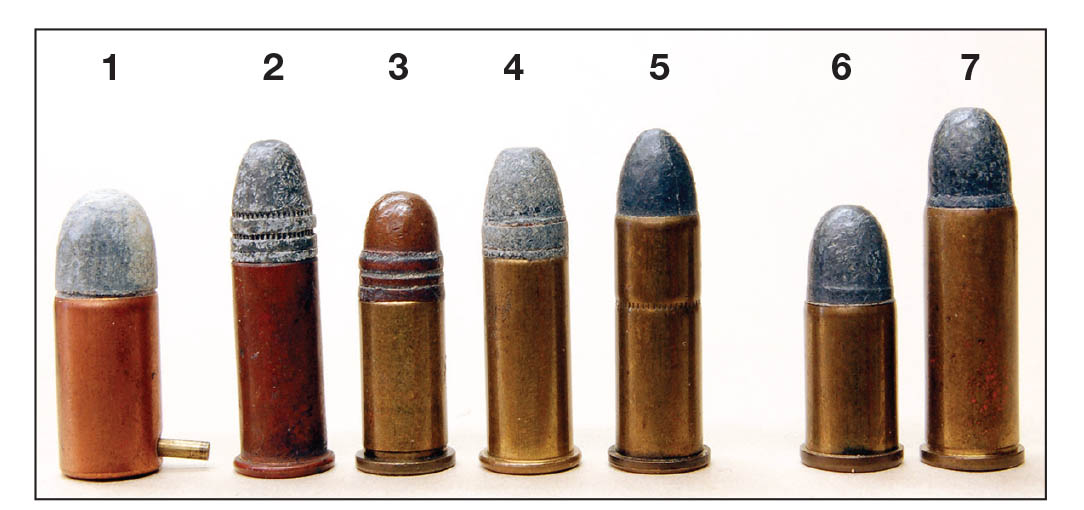 Early .32s include a (1) pinfire, (2) .32 rimfire, (3) .32 Short Colt, (4) .32 Long Colt (all outside lubed),  (5) .32 Long Colt (inside lubed), (6) .32 S&W and a (7) .32 S&W Long.